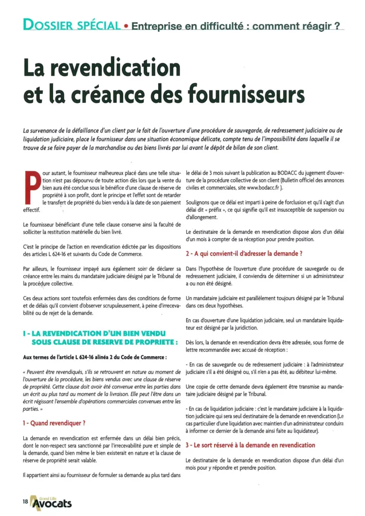 La revendication et la créance des fournisseurs