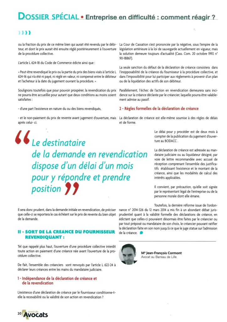 La revendication et la créance des fournisseurs